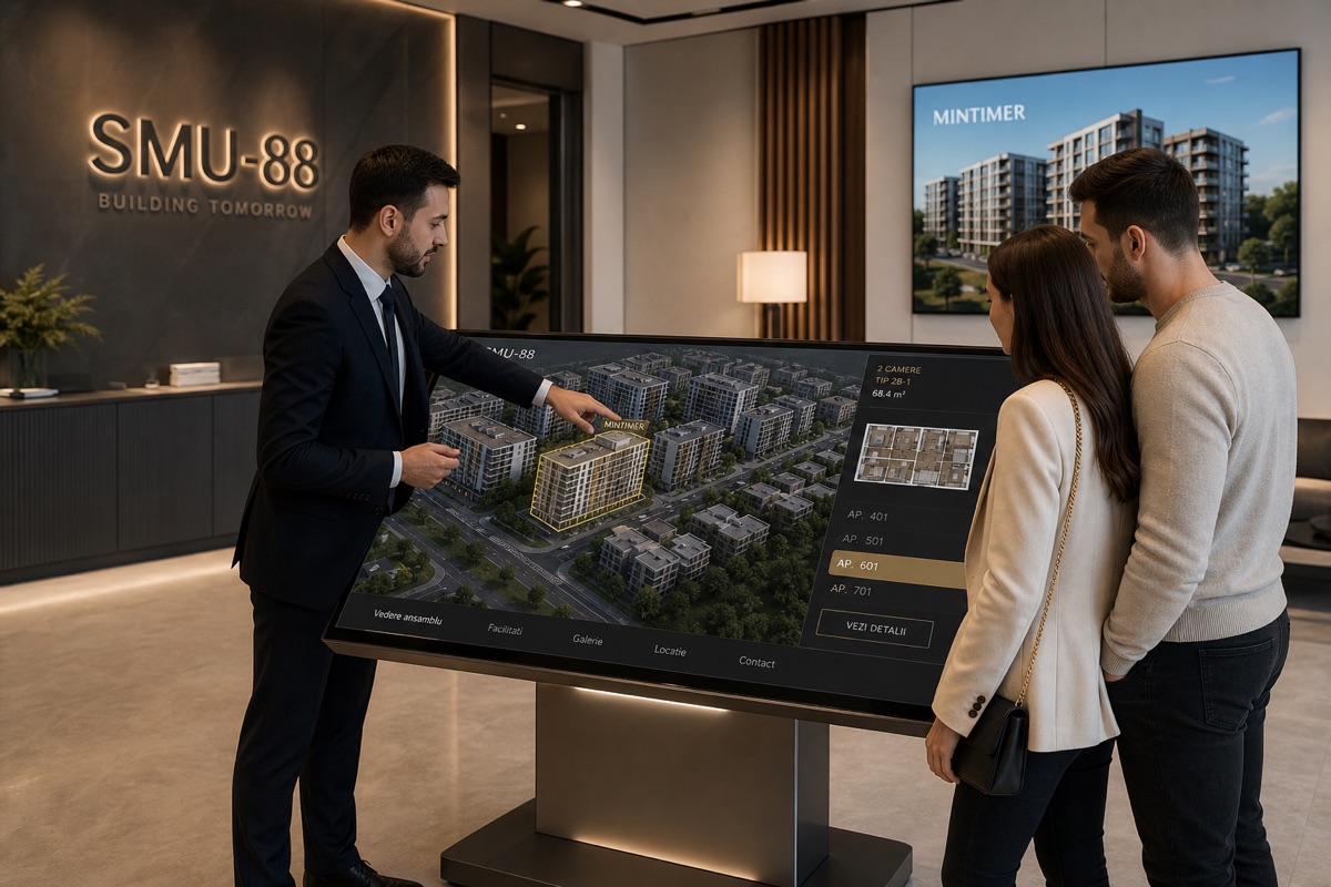 Interactive touch table with a residential complex digital twin in a sales office