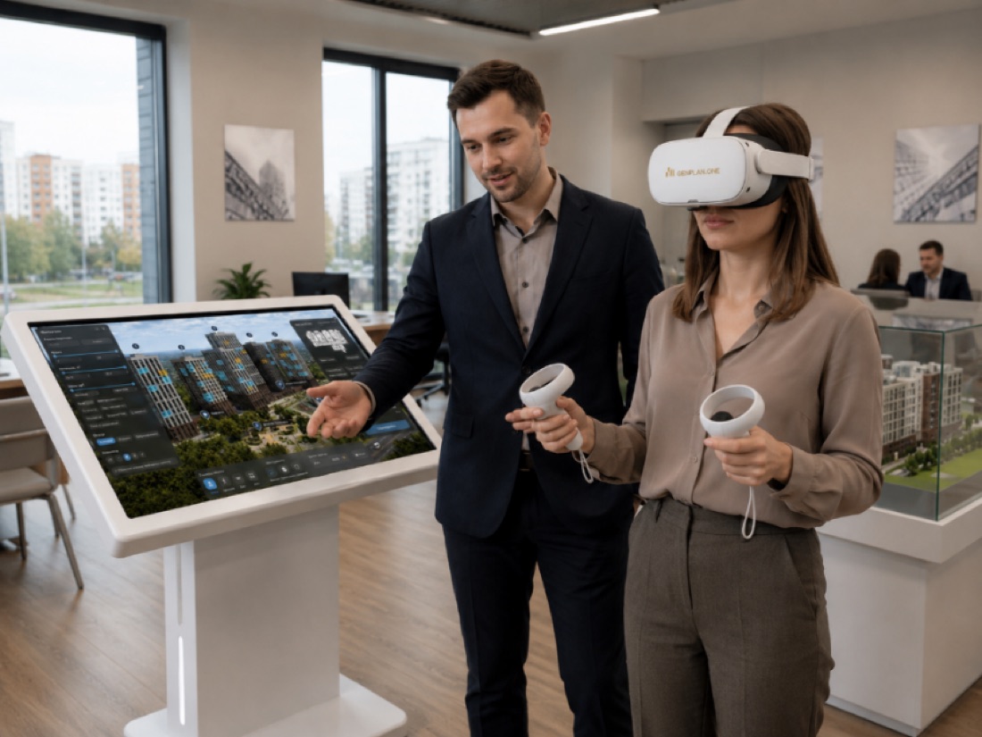 Client wearing a GenPlan VR headset next to a manager at a touch screen in a sales office